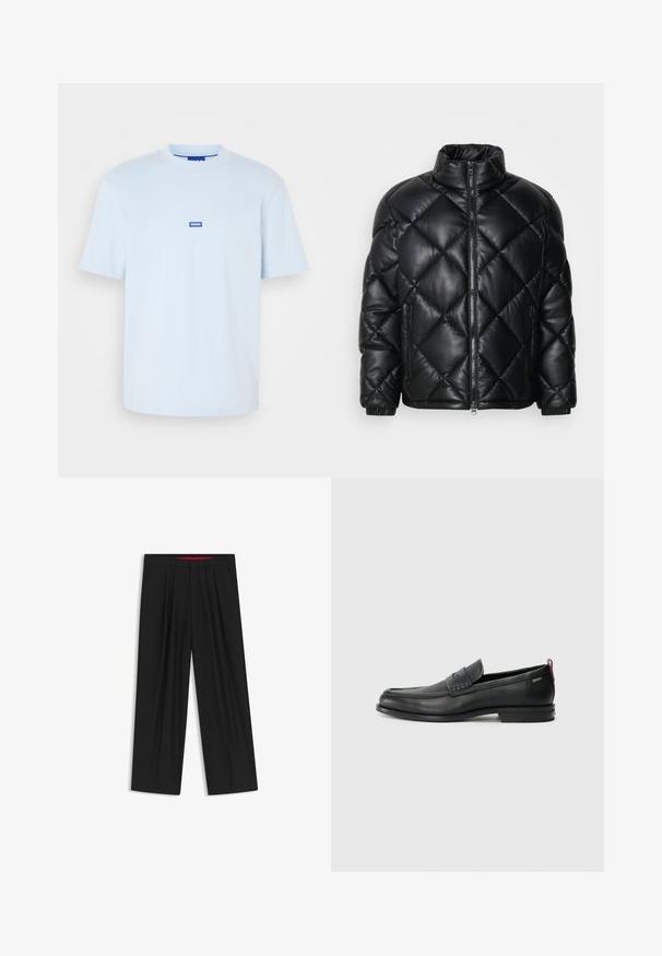 Black quilted puffer jacket with high collar, front zipper, and zippered side pockets, made of smooth shiny material.; Light blue cotton t-shirt with a crew neck and short sleeves; features a small blue logo label at the center front.; Black wide-leg trousers with a flat front, two side pockets, pleated design, and a contrasting red interior waistband.; Black leather loafers with a textured front panel and smooth sides. Features a slim heel and rear loop for easy wear. Classic design.