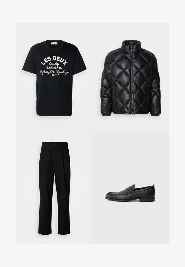 Juodas kvadratinis pūkų paltas su aukštu apykakle, priekiniais užtrauktukais ir užtrauktukinėmis šoninėmis kišenėmis, pagamintas iš lygaus blizgaus medžiagos.; Les Deux BARRY - Marškinėliai su spaudiniu - black; Juodas tiesus kojų kelnes su sagomis juosmenyje, diržo kilpomis ir priekine raukšle, parodytas prieš paprastą baltą foną.; Juodi odiniai loafersai su tekstūruotu priekinės dalies panele ir lygiomis šoninėmis dalimis. Yra plonas kulnas ir užpakalinė kilpa patogiam užsidėjimui. Klasikinis dizainas.