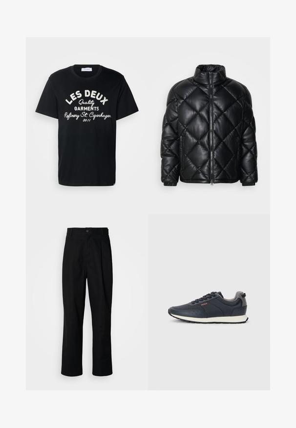 Melnā kviltēta pūkā žakete ar augstu apkakli, priekšējo rāvējslēdzi un rāvējslēdzēja sānu kabatām, izgatavota no gludas, spīdīgas materiāla.; Les Deux BARRY - Apdrukāts T-krekls - black; Melni taisni bikses ar pogu, jostu cilpiņām un priekšējo krokām, izliktas uz vienkārša balta fona.; Jūras zilas sporta apavi ar gludu sintētisku virsu, noapaļota purngala forma, pelēki akcenti, auklu aizdare un balta starppiešļa ar teksturētu melnu ārējo zoli.