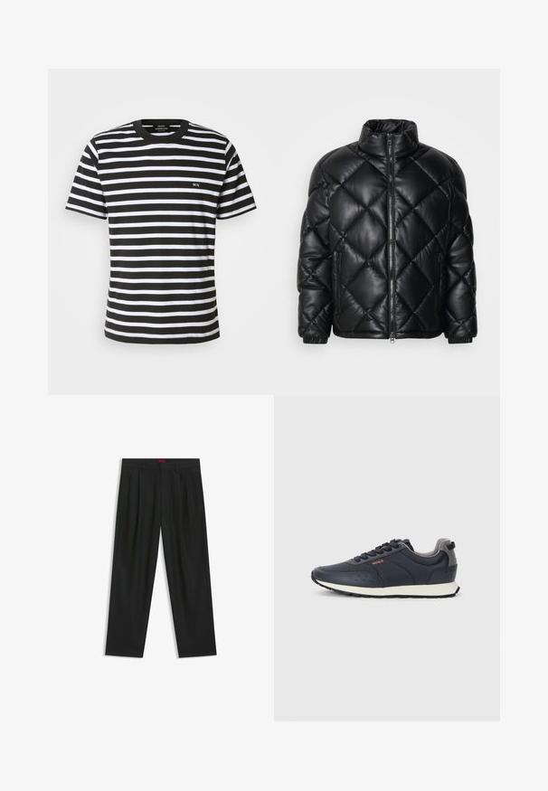 Mustat tikattu pusakka, jossa on korkea kaulus, etuvetoketju ja vetskarilla varustetut sivutaskut. Valmistettu sileästä kiiltävästä materiaalista.; Mustavalkoinen raidallinen t-paita, jossa on pyöreä kaula-aukko, lyhyt hiha ja pieni brodeerattu "MN" etuosassa. Valmistettu pehmeästä puuvillakankaasta.; Mustat housut, joissa on poimutettu muotoilu, leveä lahjetyyppi ja sileä pinta. Varustettu punaisella vyötärötagilla.; Laikalla siniset lenkkarit, joissa on sileä synteettinen päällinen, pyöreä kärki, harmaat yksityiskohdat, nyörityssuunnittelu ja valkoinen välikerros, jossa on teksturoitu musta pohja.