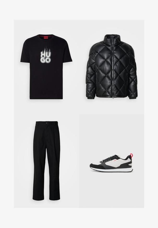 Svart quiltet pufferjakke med høy krage, frontglidelås og glidelåslommer på sidene, laget av glatt, skinnende materiale.; Svart bomull T-skjorte med en frontgrafikk av ordet "HUGO" i hvitt med flamme-lignende aksenter. Rund hals og korte ermer.; Sorte bukser med rette ben, med knappet liv, belteholdere og frontfold, vist mot en enkel hvit bakgrunn.; Svarte og hvite joggesko med overdel i semsket skinn og mesh, med en rød løftestropp og teksturert såle. Snøring med logo-detalj.