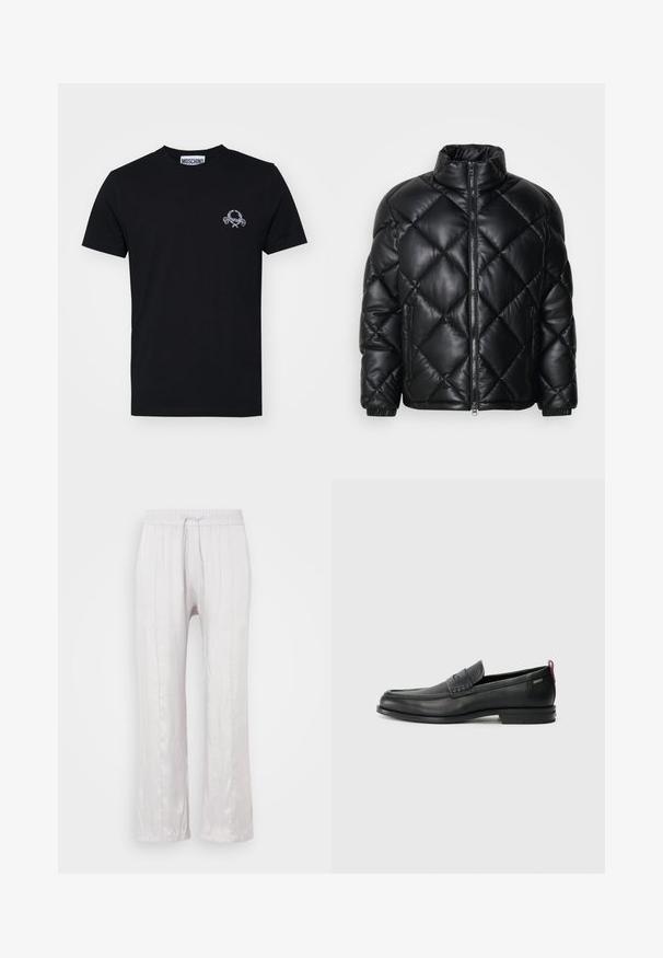 Juodas kvadratinis pūkų paltas su aukštu apykakle, priekiniais užtrauktukais ir užtrauktukinėmis šoninėmis kišenėmis, pagamintas iš lygaus blizgaus medžiagos.; Juodas medvilninis marškinėlis su maža balta grafika ant krūtinės. Klasikinis apvalus kaklas ir trumpomis rankovėmis, lygus paviršius.; Šviesiai pilki, laisvi kelnės iš lygaus audinio su elastine juosta ir raišteliu. Tiesios kojos su nedidelėmis raukšlėmis, be matomų raštų.; Juodi odiniai loafersai su tekstūruotu priekinės dalies panele ir lygiomis šoninėmis dalimis. Yra plonas kulnas ir užpakalinė kilpa patogiam užsidėjimui. Klasikinis dizainas.