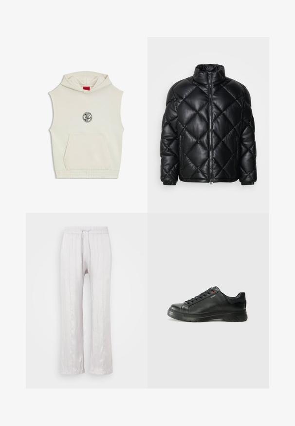 Zwarte gewatteerde pufferjack met hoge kraag, ritssluiting aan de voorkant en ritstas aan de zijkanten, gemaakt van glad, glanzend materiaal.; Mouwloze hoodie in off-white katoen met een centraal zwart graphic print. Voorzien van een zak aan de voorkant en een elastische tailleband. Merkenlabel op de capuchon.; Lichtgrijze, losse broek van gladde stof met een elastische tailleband en een trekkoord. Rechte pijpen met subtiele plooien, geen zichtbaar patroon.; Zwarte leren sneaker met een gestructureerde bovenkant, gevoerde kraag en rode logo-details. Heeft een dikke rubberen zool met een opvallend loopvlakpatroon.