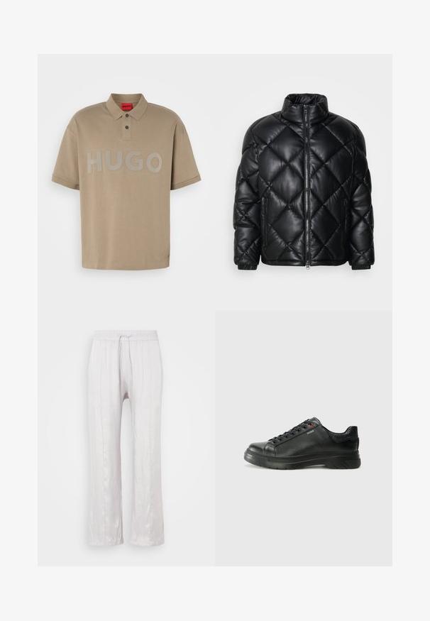 Svart quiltet pufferjakke med høy krage, frontglidelås og glidelåslommer på sidene, laget av glatt, skinnende materiale.; Beige polo skjorte med krage, korte ermer og en stor grå "HUGO" logo på forsiden. Har to-knaps knappestolpe.; Lys grå, løstsittende bukser i glatt stoff med elastisk midjebånd og snor. Rett ben med subtile folder, ingen synlige mønstre.; Svarte lærsneakers med teksturert overdel, polstret krage og rød logodetalj. Har en tykk gummisåle med tydelig mønster.