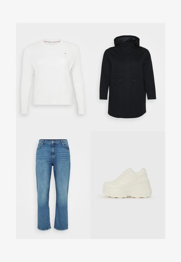 Svart huva rock med långa ärmar, två framfickor med dragsko-stängningar och en slät innerfoder. Rakt skuren design.; Vit stickad tröja med ett strukturerat diamantmönster, rund halsringning och långa ärmar. Litet logotypaccent på bröstet.; Ljusblå denimjeans med rak bendesign, med fem fickor, bältesslingor och subtil blekning på framsidan.; Vita plattformssneakers med en slät läderliknande överdel, rundad form, vadderad krage och texturerad gummisula med definierade mönster.