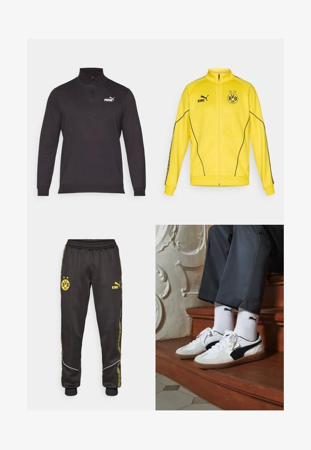 Yellow full-zip sports jacket with black Puma logo, "KING" text, and BVB 09 football club emblem with two stars on chest.; Black pullover sweatshirt made of knit fabric, featuring a half-zip collar, long sleeves, and a white Puma logo on the left chest.; Black athletic pants with yellow Borussia Dortmund BVB 09 and Puma King logos, elastic waistband, and patterned yellow side stripes.; Puma sneakers in white and black suede, featuring a brown rubber sole. Paired with white socks displaying a black logo, worn with dark pants.