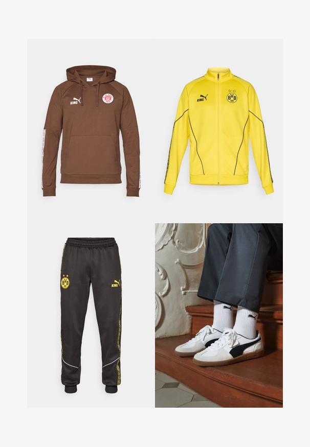 Sárga, teljes hosszúságú sportdzseki fekete Puma logóval, "KING" felirattal és a BVB 09 labdarúgó klub emblémájával, amelyen két csillag látható a mellkason.; Barna kapucnis pulóver puha anyagból, elülső zsebbel, állítható kapucnival és fehér sportos díszítéssel az ujjakon, amelyen logó található.; Fekete sportnadrág sárga Borussia Dortmund BVB 09 és Puma King logókkal, elasztikus derékkal és mintás sárga oldalsó csíkokkal.; Fehér és fekete velúr Puma sportcipők, barna gumitalppal. Fehér zoknival párosítva, amely fekete logót visel, sötét nadrággal kombinálva.