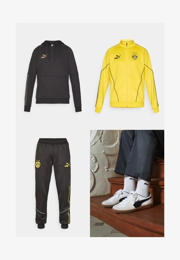 Žltá športová bunda na zips s čiernym logom Puma, textom "KING" a emblémom futbalového klubu BVB 09 s dvoma hviezdami na hrudi.; Čierna mikina s kapucňou a klokannou kapsou, s pozláteným logom "KING" a s dekoratívnym vzorom pozdĺž rukávov. Mäkká látka.; Čierne atletické nohavice s žltými logami Borussia Dortmund BVB 09 a Puma King, elastický pás a žlté pruhy so vzorom po stranách.; Tenisky Puma v bielej a čiernej z semišu, s hnedou gumovou podrážkou. Kombinované s bielymi ponožkami s čiernym logom, nosené s tmavými nohavicami.
