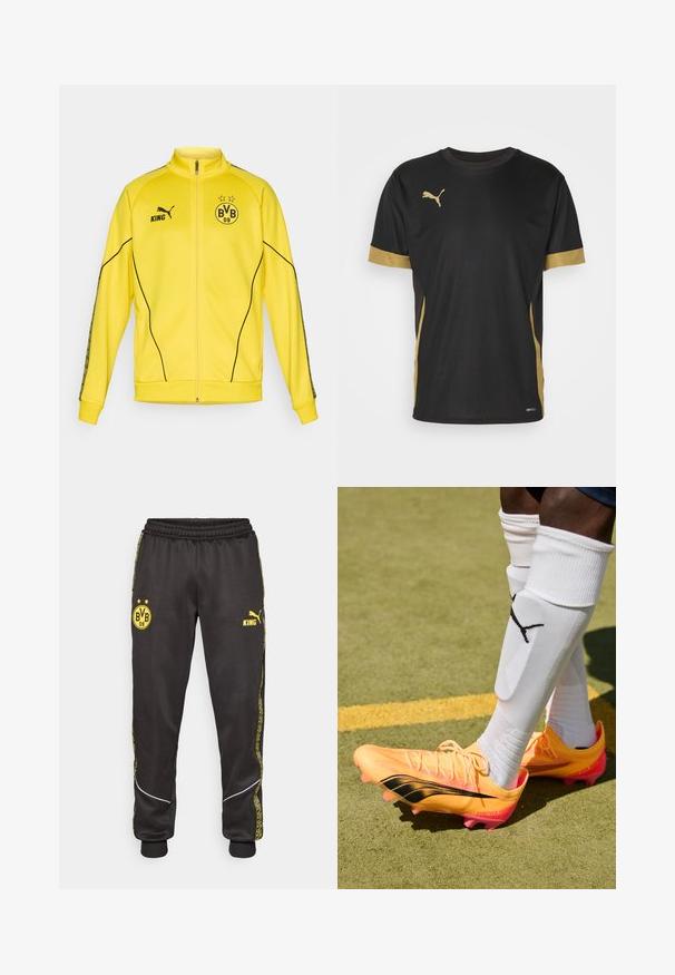 Giacca sportiva gialla con zip intera, logo Puma nero, testo "KING" ed emblema del club di calcio BVB 09 con due stelle sul petto.; T-shirt sportivo nero con dettagli dorati sulle maniche e sui fianchi. Presenta un colletto rotondo, maniche corte e tessuto traspirante DRYCELL.; Pantaloni sportivi neri con loghi gialli di Borussia Dortmund BVB 09 e Puma King, vita elasticizzata e righe laterali gialle con motivo.; Scarpette da calcio arancioni brillanti con accenti neri, tomaia texturizzata e suole con borchie rosa. Calze bianche con un logo nero sono indossate sopra.