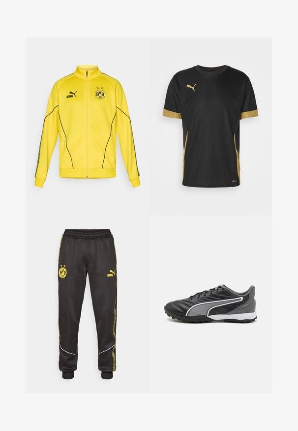 Giacca sportiva gialla con zip intera, logo Puma nero, testo "KING" ed emblema del club di calcio BVB 09 con due stelle sul petto.; T-shirt sportivo nero con dettagli dorati sulle maniche e sui fianchi. Presenta un colletto rotondo, maniche corte e tessuto traspirante DRYCELL.; Pantaloni sportivi neri con loghi gialli di Borussia Dortmund BVB 09 e Puma King, vita elasticizzata e righe laterali gialle con motivo.; Scarpe sportive nere con tomaia in pelle liscia, caratterizzate da una striscia diagonale bianca e dettagli testurizzati. Suola in gomma con piccoli punteggi.