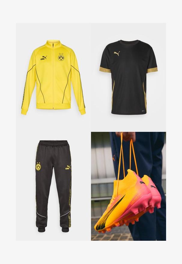Giacca sportiva gialla con zip intera, logo Puma nero, testo "KING" ed emblema del club di calcio BVB 09 con due stelle sul petto.; T-shirt sportivo nero con dettagli dorati sulle maniche e sui fianchi. Presenta un colletto rotondo, maniche corte e tessuto traspirante DRYCELL.; Pantaloni sportivi neri con loghi gialli di Borussia Dortmund BVB 09 e Puma King, vita elasticizzata e righe laterali gialle con motivo.; Scarpe da calcio giallo brillante con accenti rosa, caratterizzate da una parte superiore testurizzata, un design elegante e tacchi allungati su una suola rosa.