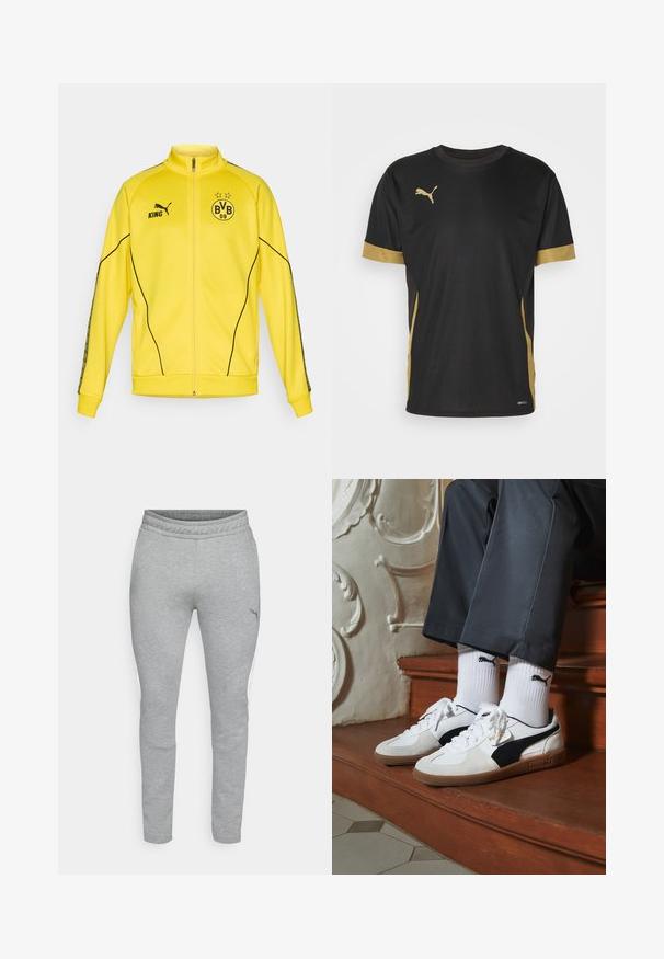 Geel sportjack met volledige rits, voorzien van het zwarte Puma-logo, de tekst "KING" en het embleem van voetbalclub BVB 09 met twee sterren op de borst.; Zwarte sport T-shirt met gouden accenten op de mouwen en zijkanten. Voorzien van een ronde hals, korte mouwen en vochtregulerende DRYCELL-stof.; Grijze sweatpants van een gestructureerde stof, met een elastische tailleband en een getailleerde pasvorm. Heeft witte zijpanelen en een klein logo op de dij.; Puma sneakers in wit en zwart suède, met een bruine rubberen zool. Gecombineerd met witte sokken met een zwart logo, gedragen met donkere broek.
