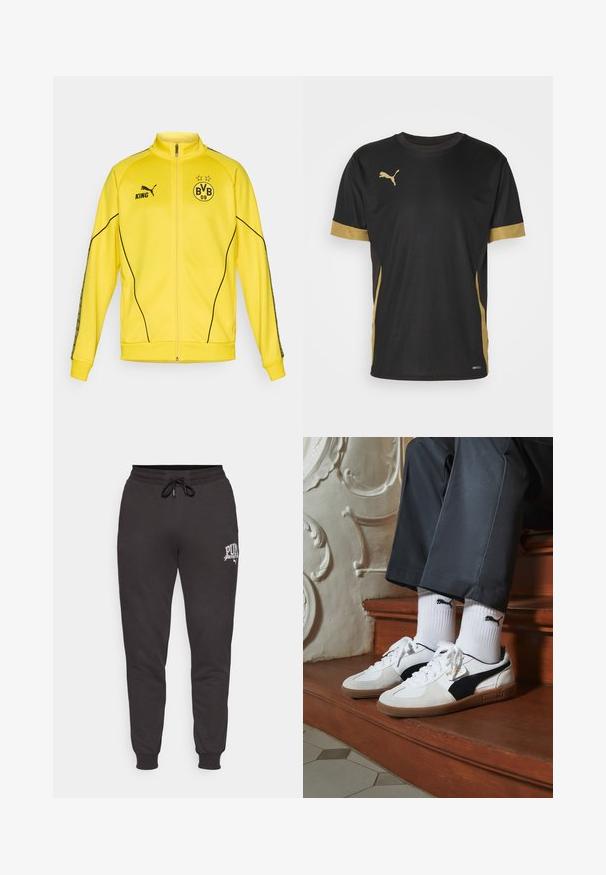 Keltaisen täysipituisen vetoketjullisen urheiluviitan mustalla Puma-logolla, "KING"-tekstillä ja BVB 09 -jalkapalloseuran embleemillä, jossa on kaksi tähteä rinnassa.; Musta urheilupaita, jossa on kultaiset yksityiskohdat hihoissa ja sivuilla. Omistaa pyöreän kauluksen, lyhyet hihat ja kosteuskuivaavaa DRYCELL-kangasta.; Mustat collegehousut, jotka on valmistettu pehmeästä materiaalista. Niissä on nyörikiinnitys vyötäröllä, ribbaatut hihnat ja valkoinen logo vasemmassa lahkeessa.; Puma-tenniset valkoisesta ja mustasta mokasta, joissa on ruskea kumipohja. Yhdistetty valkoisten sukkien kanssa, joissa on musta logo, tummien housujen kanssa.