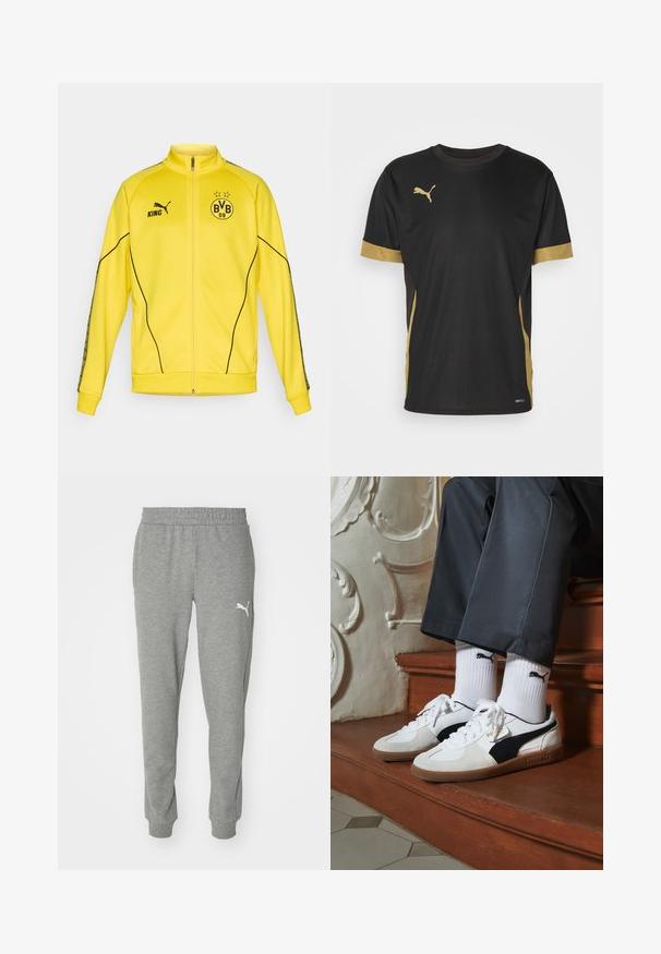 Dzeltena sporta jaka ar pilnu rāvējslēdzēju, melno Puma logotipu, tekstu "KING" un BVB 09 futbola kluba emblēmu ar divām zvaigznēm uz krūtīm.; Melna sporta T-kreklu ar zelta akcentiem uz piedurknēm un sāniem. Tam ir apaļa apkakle, īsas piedurknes un mitruma kontrolējošs DRYCELL audums.; Pelēki sporta bikses no mīksta auduma, ar elastīgu jostu, sašaurinātām kājām un baltu logo kreisajā augšstilbā.; Puma kedas baltā un melnā zamšā, ar brūnu gumijas zoli. Pāris ar baltām zeķēm, kurās redzams melns logo, nēsātas ar tumšām biksēm.