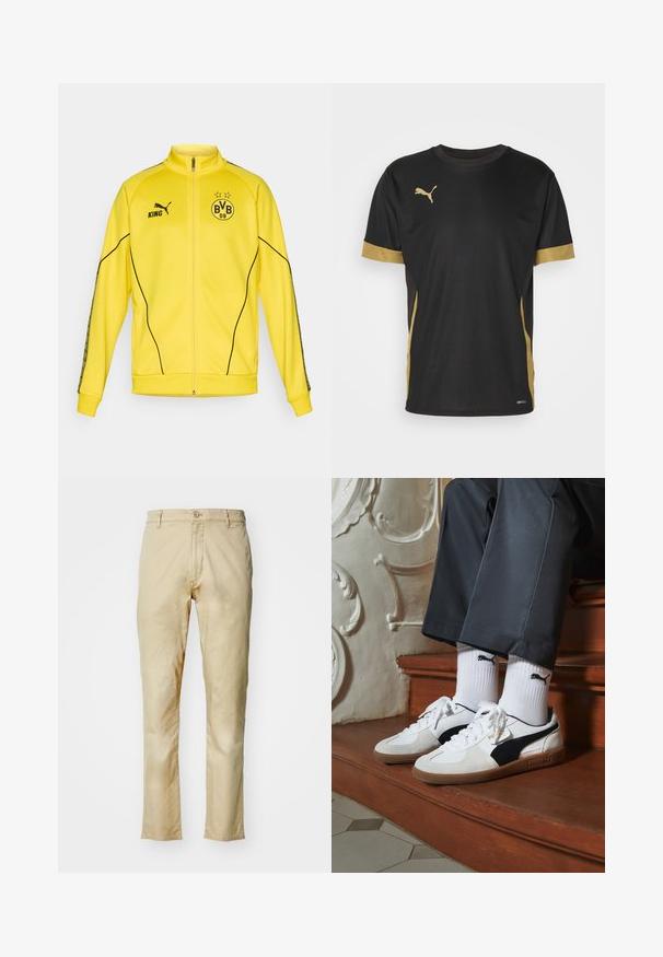 Geel sportjack met volledige rits, voorzien van het zwarte Puma-logo, de tekst "KING" en het embleem van voetbalclub BVB 09 met twee sterren op de borst.; Zwarte sport T-shirt met gouden accenten op de mouwen en zijkanten. Voorzien van een ronde hals, korte mouwen en vochtregulerende DRYCELL-stof.; DOCKERS ORIGINAL SLIM - Chino - safari; Puma sneakers in wit en zwart suède, met een bruine rubberen zool. Gecombineerd met witte sokken met een zwart logo, gedragen met donkere broek.