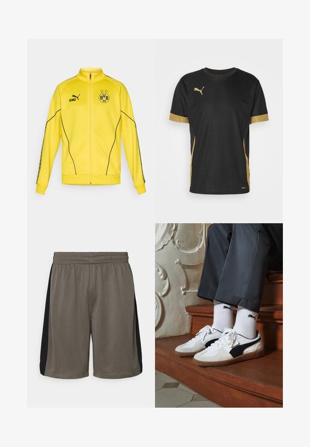 Chaqueta deportiva amarilla con cremallera completa, logo negro de Puma, texto "KING" y emblema del club de fútbol BVB 09 con dos estrellas en el pecho.; Camiseta deportiva negra con acentos dorados en las mangas y los laterales. Presenta un cuello redondo, mangas cortas y tejido DRYCELL que absorbe la humedad.; Pantalones cortos deportivos caqui hechos de tejido de malla texturizada, con paneles laterales negros, cinturilla elástica y un corte relajado para mayor comodidad.; Zapatillas Puma en gamuza blanca y negra, con una suela de goma marrón. Combinadas con calcetines blancos que muestran un logo negro, llevados con pantalones oscuros.