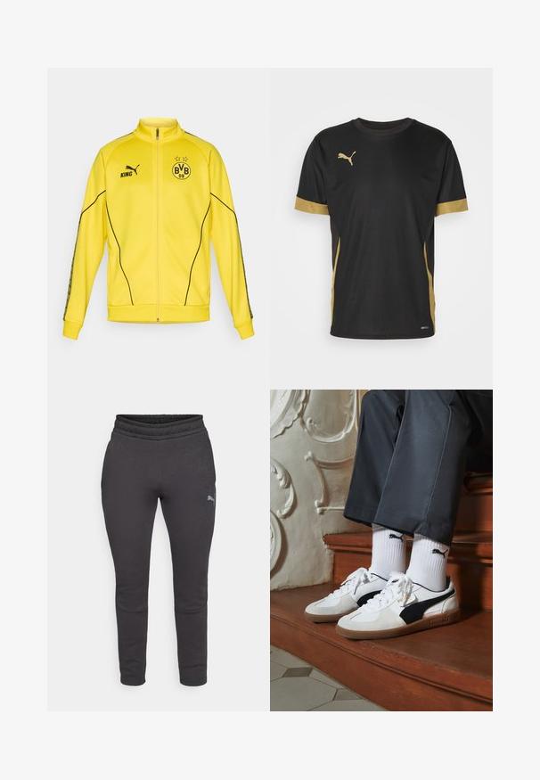 Žltá športová bunda na zips s čiernym logom Puma, textom "KING" a emblémom futbalového klubu BVB 09 s dvoma hviezdami na hrudi.; Čierne športové tričko s zlatými akcentmi na rukávoch a boku. Obsahuje okrúhly výstrih, krátke rukávy a vlhkosť odvádzajúcu tkaninu DRYCELL.; Tmavo šedé tepláky s mäkkou textúrou, zúženým strihom, elastickým pásom a malým logom na ľavom stehne. Žiadne viditeľné vrecká.; Tenisky Puma v bielej a čiernej z semišu, s hnedou gumovou podrážkou. Kombinované s bielymi ponožkami s čiernym logom, nosené s tmavými nohavicami.