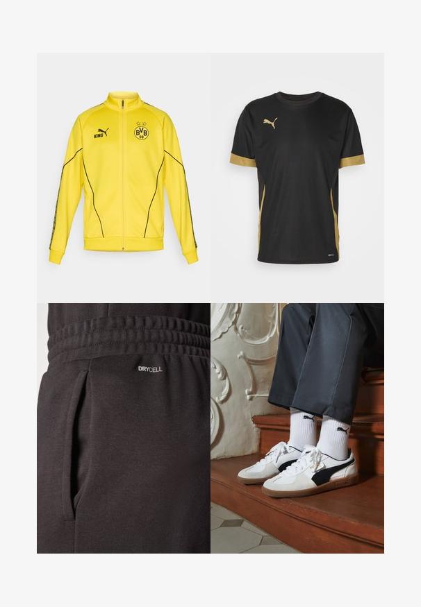 Gul fuld-zip sportsjakke med sort Puma-logo, "KING" tekst og BVB 09 fodboldklub emblem med to stjerner på brystet.; Sort sports T-shirt med gyldne detaljer på ærmerne og siden. Den har rund hals, korte ærmer og svedtransporterende DRYCELL-stof.; Sorte athletic bukser lavet af tekstureret stof har en elastisk talje, sidelommer og et "DRYCELL" label nær lommen.; Puma sneakers i hvid og sort ruskind med en brun gummisål. Bæres med hvide sokker med et sort logo og mørke bukser.