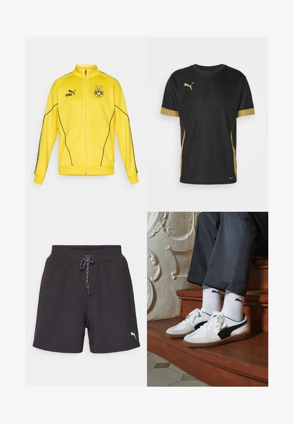 Rumena jakna s polnim zadrgo za šport, z črnim logotipom Puma, napisom "KING" in emblemom nogometnega kluba BVB 09 z dvema zvezdama na prsih.; Črna športna majica s kratkimi rokavi in zlatimi detajli na rokavih in stranskih delih. Ima okroglo ovratnik, kratke rokave in tkanino DRYCELL, ki odvaja vlago.; Črne atletske hlače z elastičnim pasom in nastavljivo vrvico. Imajo majhen bel znak na spodnji levi strani. Mehka tekstura tkanine.; Puma superge v beli in črni usnjeni izvedbi, sročene s rjavim gumijastim podplatom. Usklajene z belimi nogavicami z črnim logotipom, nosijo se s temnimi hlačami.