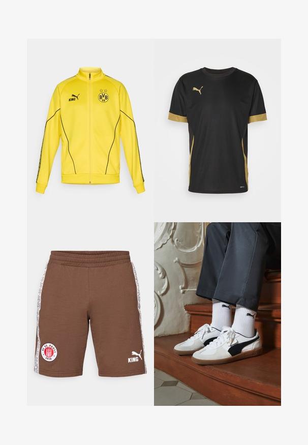 Chaqueta deportiva amarilla con cremallera completa, logo negro de Puma, texto "KING" y emblema del club de fútbol BVB 09 con dos estrellas en el pecho.; Camiseta deportiva negra con acentos dorados en las mangas y los laterales. Presenta un cuello redondo, mangas cortas y tejido DRYCELL que absorbe la humedad.; Pantalones cortos deportivos marrones hechos de algodón, con una cintura elástica, rayas laterales con patrones y logotipos: FC St. Pauli y Puma en blanco.; Zapatillas Puma en gamuza blanca y negra, con una suela de goma marrón. Combinadas con calcetines blancos que muestran un logo negro, llevados con pantalones oscuros.