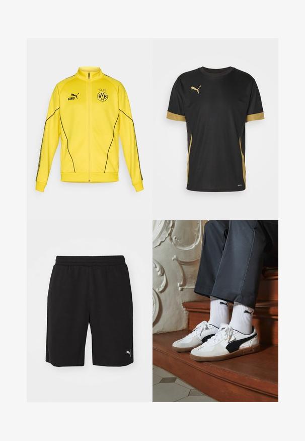 Gul helzip sportjacka med svart Puma-logotyp, texten "KING" och BVB 09 fotbollsklubbens emblem med två stjärnor på bröstet.; Svart tränings T-shirt med guld accenter på ärmar och sida. Har rund hals, korta ärmar och fukttransporternande DRYCELL tyg.; Svarta atletiska shorts gjorda av mjukt tyg med elastisk midja, med sidofickor och en liten reflexlogotyp nertill till vänster.; Puma-sneakers i vit och svart mocka, med en brun gummisula. Kombinerade med vita strumpor som visar upp en svart logotyp, bärs tillsammans med mörka byxor.