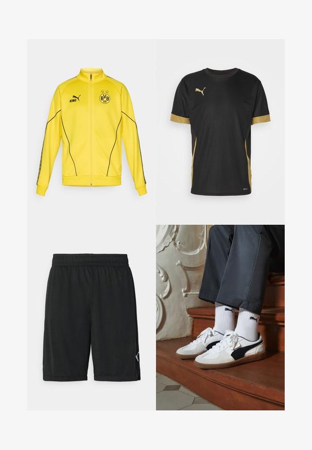 Giacca sportiva gialla con zip intera, logo Puma nero, testo "KING" ed emblema del club di calcio BVB 09 con due stelle sul petto.; T-shirt sportivo nero con dettagli dorati sulle maniche e sui fianchi. Presenta un colletto rotondo, maniche corte e tessuto traspirante DRYCELL.; Shorts sportivi neri realizzati in materiale leggero, con una cintura elastica e un logo bianco sul lato destro in basso.; Sneakers Puma in suede bianco e nero, con suola in gomma marrone. Abbinati a calzini bianchi con logo nero, indossati con pantaloni scuri.