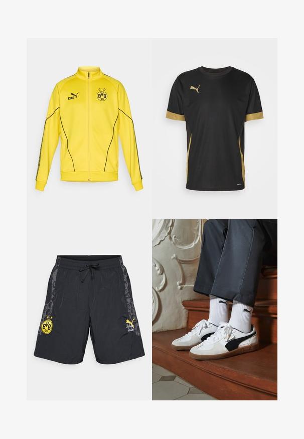Gul helzip sportjacka med svart Puma-logotyp, texten "KING" och BVB 09 fotbollsklubbens emblem med två stjärnor på bröstet.; Svart tränings T-shirt med guld accenter på ärmar och sida. Har rund hals, korta ärmar och fukttransporternande DRYCELL tyg.; Svarta sportshorts med elastisk midja och dragsko. Har gult klubb-logo och accentgrafik på sidorna. Lättviktig material.; Puma-sneakers i vit och svart mocka, med en brun gummisula. Kombinerade med vita strumpor som visar upp en svart logotyp, bärs tillsammans med mörka byxor.