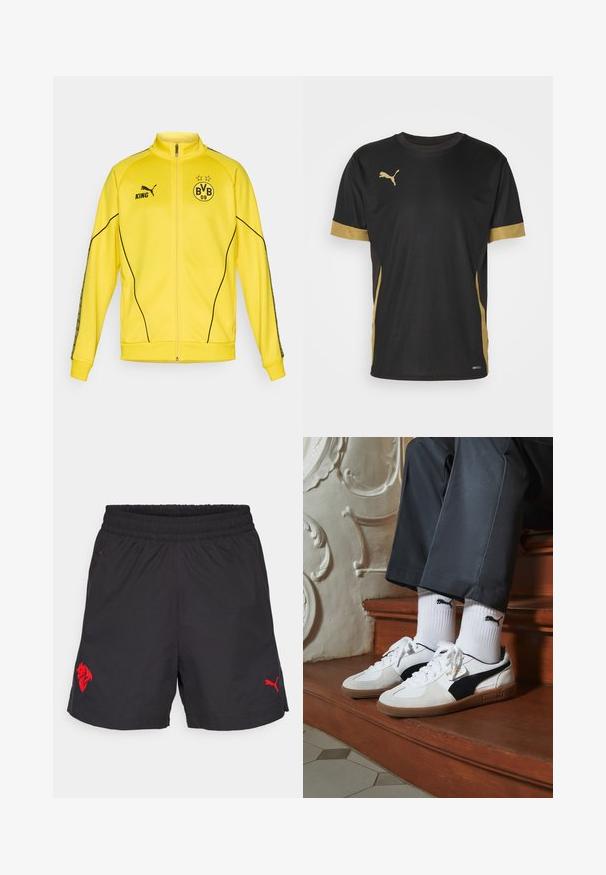 Jachetă sport galbenă cu fermoar complet, cu logo-ul negru Puma, textul "KING" și emblema clubului de fotbal BVB 09 cu două stele pe piept.; Tricou sport negru cu accente aurii pe mâneci și lateral. Dispune de guler rotund, mâneci scurte și țesătură DRYCELL care absoarbe umiditatea.; Shorts de sport negri cu talie elastică, având un logo roșu cu un leu și un logo roșu Puma pe partea inferioară. Material ușor, textură netedă.; Adidași Puma din suede alb și negru, cu o talpă din cauciuc maro. Asortați cu șosete albe care au un logo negru, purtate cu pantaloni închiși la culoare.