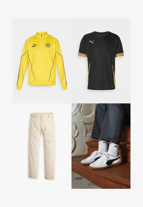 Żółta sportowa kurtka z pełnym zamkiem błyskawicznym z czarnym logo Pumy, napisem "KING" oraz emblematem klubu piłkarskiego BVB 09 z dwiema gwiazdami na piersi.; Czarny sportowy T-shirt z złotymi akcentami na rękawach i boku. Posiada okrągły dekolt, krótkie rękawy oraz materiał odprowadzający wilgoć DRYCELL.; Beżowe bawełniane spodnie o prostym kroju, z dwiema przednimi kieszeniami naszytymi, zapięciem na guzik oraz wzmocnionymi szwami dla większej trwałości.; Sneakers Puma w białym i czarnym zamszu, z brązową gumową podeszwą. W połączeniu z białymi skarpetkami z czarnym logo, noszone z ciemnymi spodniami.