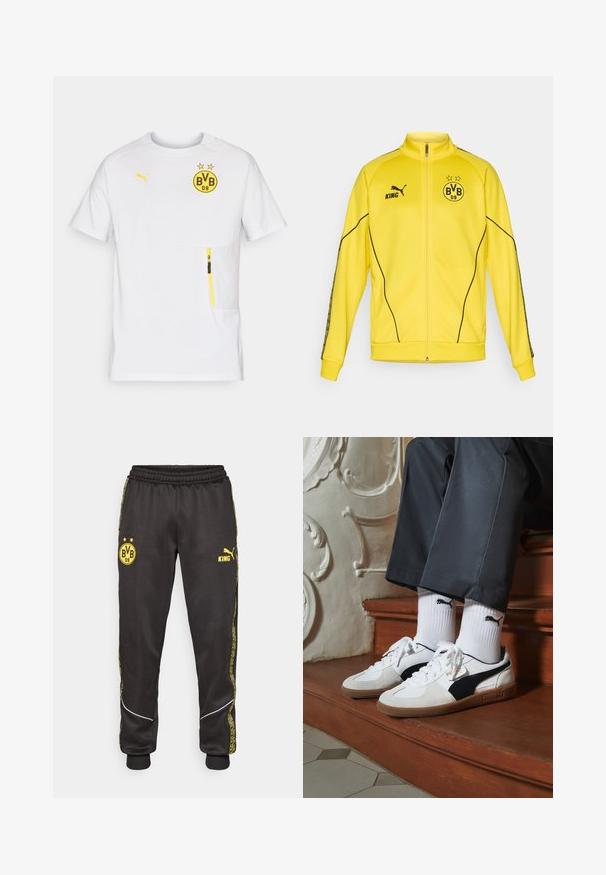 Gul full-zip sportjakke med svart Puma-logo, "KING" tekst og BVB 09 fotballklubbemblem med to stjerner på brystet.; Hvit kortermet sportsskjorte med gult BVB-logo, gule detaljer og en glidelås lomme på venstre frontsite. Lett materiale.; Svarte treningsbukser med gule Borussia Dortmund BVB 09 og Puma King-logoer, elastisk liv, og mønstrede gule sidestriper.; Puma-sneakers i hvitt og svart semsket skinn, med en brun gummisåle. Kombinert med hvite sokker med en svart logo, båret med mørke bukser.
