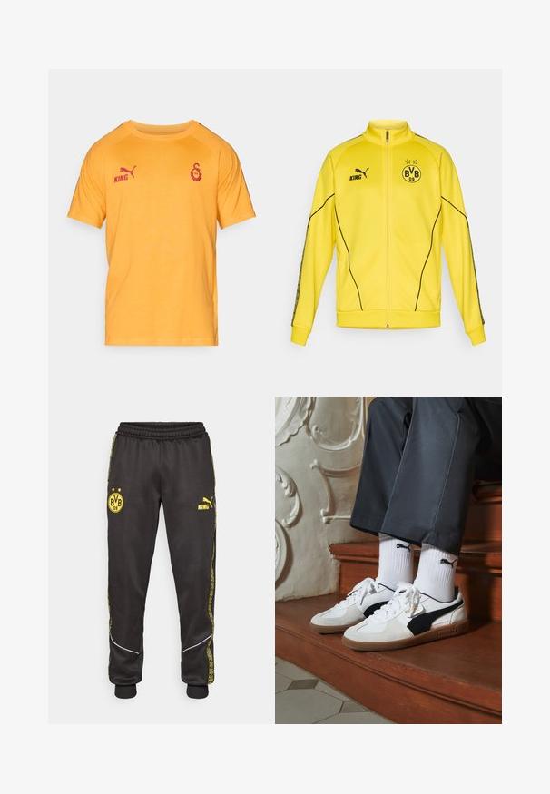 Giacca sportiva gialla con zip intera, logo Puma nero, testo "KING" ed emblema del club di calcio BVB 09 con due stelle sul petto.; T-shirt giallo a maniche corte realizzato in cotone. Presenta la scritta rossa "KING" e un logo sul lato sinistro del petto. Tessuto liscio con un design classico a girocollo.; Pantaloni sportivi neri con loghi gialli di Borussia Dortmund BVB 09 e Puma King, vita elasticizzata e righe laterali gialle con motivo.; Sneakers Puma in suede bianco e nero, con suola in gomma marrone. Abbinati a calzini bianchi con logo nero, indossati con pantaloni scuri.