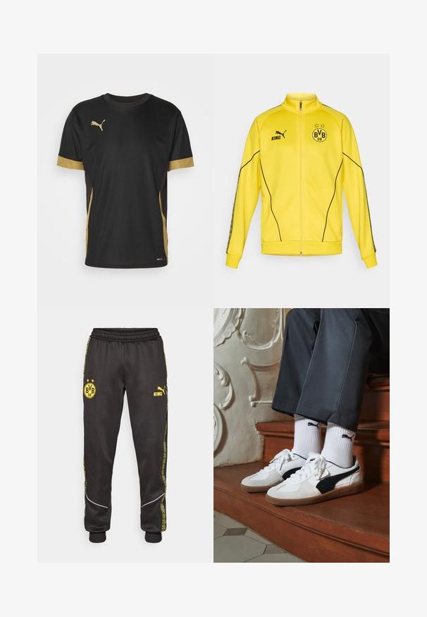 Chaqueta deportiva amarilla con cremallera completa, logo negro de Puma, texto "KING" y emblema del club de fútbol BVB 09 con dos estrellas en el pecho.; Camiseta deportiva negra con acentos dorados en las mangas y los laterales. Presenta un cuello redondo, mangas cortas y tejido DRYCELL que absorbe la humedad.; Pantalones deportivos negros con los logotipos amarillos de Borussia Dortmund BVB 09 y Puma King, banda elástica en la cintura y rayas laterales amarillas con un diseño.; Zapatillas Puma en gamuza blanca y negra, con una suela de goma marrón. Combinadas con calcetines blancos que muestran un logo negro, llevados con pantalones oscuros.