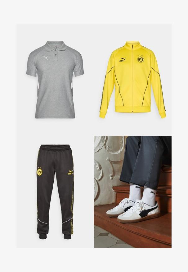 Gul fuld-zip sportsjakke med sort Puma-logo, "KING" tekst og BVB 09 fodboldklub emblem med to stjerner på brystet.; Grå polo skjorte med struktureret finish, med krave, to knapper og hvide sidelister. Logo på brystet.; Sorte træningsbukser med gule Borussia Dortmund BVB 09 og Puma King logoer, elastisk talje, og mønstrede gule side-striber.; Puma sneakers i hvid og sort ruskind med en brun gummisål. Bæres med hvide sokker med et sort logo og mørke bukser.