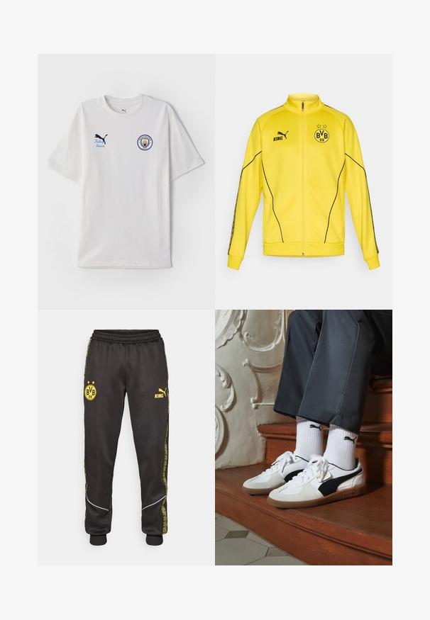 Chaqueta deportiva amarilla con cremallera completa, logo negro de Puma, texto "KING" y emblema del club de fútbol BVB 09 con dos estrellas en el pecho.; Camiseta de algodón blanca con mangas cortas, cuello redondo, un logo de Manchester City en azul y rojo, y un logo de Puma en azul.; Pantalones deportivos negros con los logotipos amarillos de Borussia Dortmund BVB 09 y Puma King, banda elástica en la cintura y rayas laterales amarillas con un diseño.; Zapatillas Puma en gamuza blanca y negra, con una suela de goma marrón. Combinadas con calcetines blancos que muestran un logo negro, llevados con pantalones oscuros.