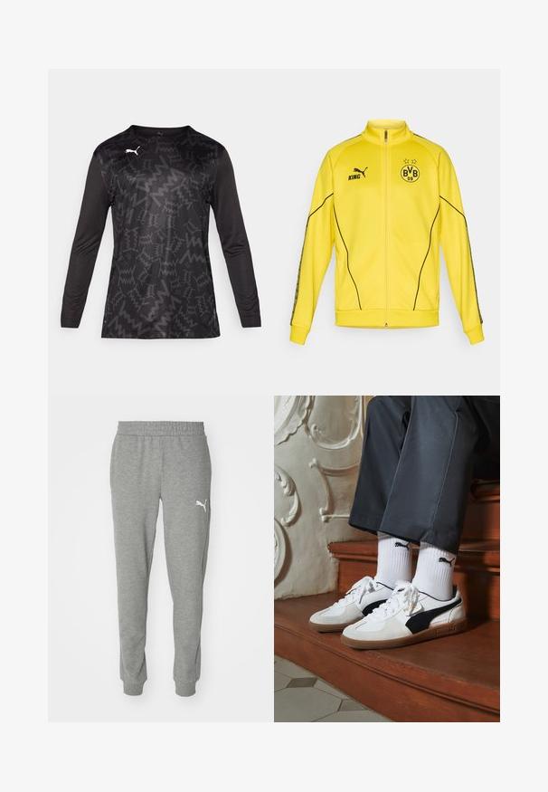 Žuta sportska jakna s punim zipom, s crnim Puma logotipom, tekstom "KING" i emblemom nogometnog kluba BVB 09 s dvije zvijezde na prsima.; Sportska majica s dugim rukavima u crnoj boji s teksturiranim uzorkom u obliku cik-caka, s okruglim izrezom i bijelim logotipom sprijeda.; Sive trenirke od mekanog materijala, s elastičnim pojasom, sužavajućim nogavicama i bijelim logotipom na lijevom bedru.; Puma tenisice u bijelom i crnom nubuku, s smešnim gumastim potplatom. Uparene su s bijelim čarapama s crnim logom, nosene uz tamne hlače.