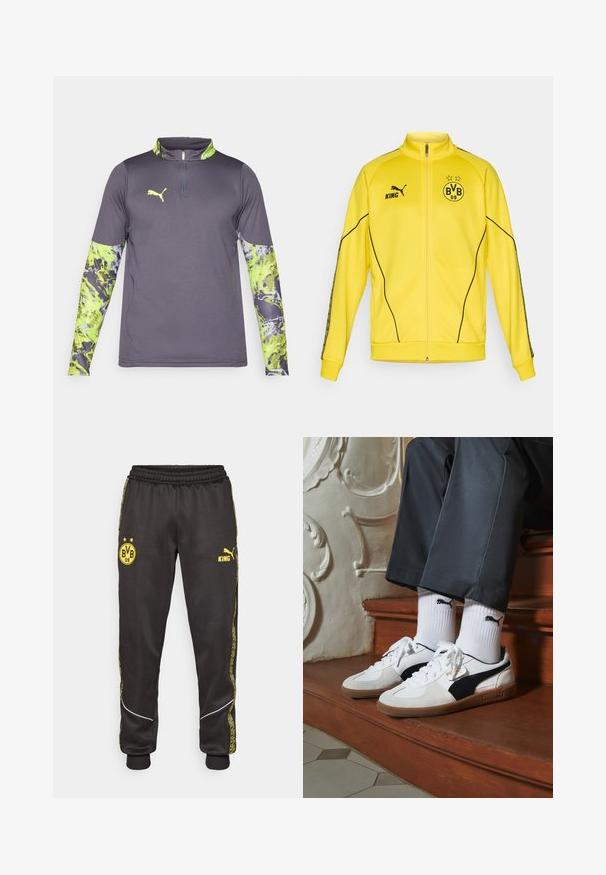 Keltaisen täysipituisen vetoketjullisen urheiluviitan mustalla Puma-logolla, "KING"-tekstillä ja BVB 09 -jalkapalloseuran embleemillä, jossa on kaksi tähteä rinnassa.; Harmaa urheilupaita, jossa on neljännesvetoketjuolka. Pittävät pitkät hihat, joissa on elävä vihreä ja harmaa abstrakti kuvio. Logo rinnassa.; Mustat urheiluhousut, joissa on keltaiset Borussia Dortmund BVB 09 - ja Puma King -logot, joustava vyötärö ja kuvioidut keltaiset sivuraidat.; Puma-tenniset valkoisesta ja mustasta mokasta, joissa on ruskea kumipohja. Yhdistetty valkoisten sukkien kanssa, joissa on musta logo, tummien housujen kanssa.