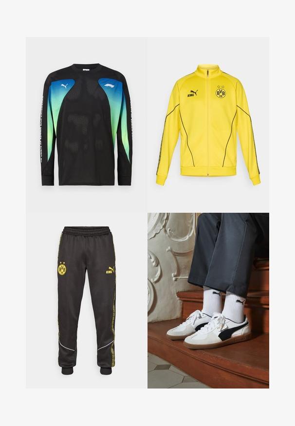 Keltaisen täysipituisen vetoketjullisen urheiluviitan mustalla Puma-logolla, "KING"-tekstillä ja BVB 09 -jalkapalloseuran embleemillä, jossa on kaksi tähteä rinnassa.; Pitkähihaoinen musta verkko-paita, jossa on sinisiä ja vihreitä gradienttikoristeita. Sisältää Puma-logon rinnassa ja tekstiä hihassa.; Mustat urheiluhousut, joissa on keltaiset Borussia Dortmund BVB 09 - ja Puma King -logot, joustava vyötärö ja kuvioidut keltaiset sivuraidat.; Puma-tenniset valkoisesta ja mustasta mokasta, joissa on ruskea kumipohja. Yhdistetty valkoisten sukkien kanssa, joissa on musta logo, tummien housujen kanssa.