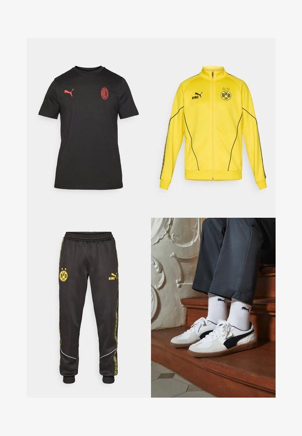 Yellow full-zip sports jacket with black Puma logo, "KING" text, and BVB 09 football club emblem with two stars on chest.; Black short-sleeve T-shirt made of soft fabric. Features a red Puma logo on the left chest and a red embroidered club emblem on the front.; Black athletic pants with yellow Borussia Dortmund BVB 09 and Puma King logos, elastic waistband, and patterned yellow side stripes.; Puma sneakers in white and black suede, featuring a brown rubber sole. Paired with white socks displaying a black logo, worn with dark pants.