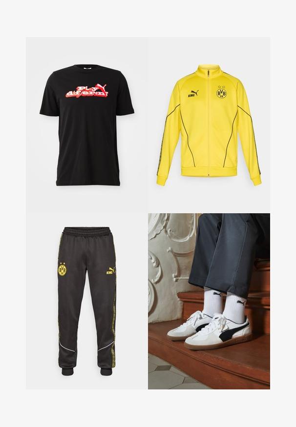 Gelbe Sportjacke mit vollem Reißverschluss, schwarzem Puma-Logo, dem Text "KING" und dem Wappen des Fußballvereins BVB 09 mit zwei Sternen auf der Brust.; Schwarzes Baumwoll-T-Shirt mit einem auffälligen rot-weißen Grafikdesign und dem Text "Play different!" sowie einem Logoelement. Kurze Ärmel und Rundhalsausschnitt.; Schwarze Sporthose mit gelben Borussia Dortmund BVB 09- und Puma King-Logos, elastischem Bund und gemusterten gelben Seiteneinsätzen.; Puma-Sneaker aus weißem und schwarzem Wildleder mit einer braunen Gummisohle. Kombiniert mit weißen Socken, die ein schwarzes Logo zeigen, getragen zu dunklen Hosen.