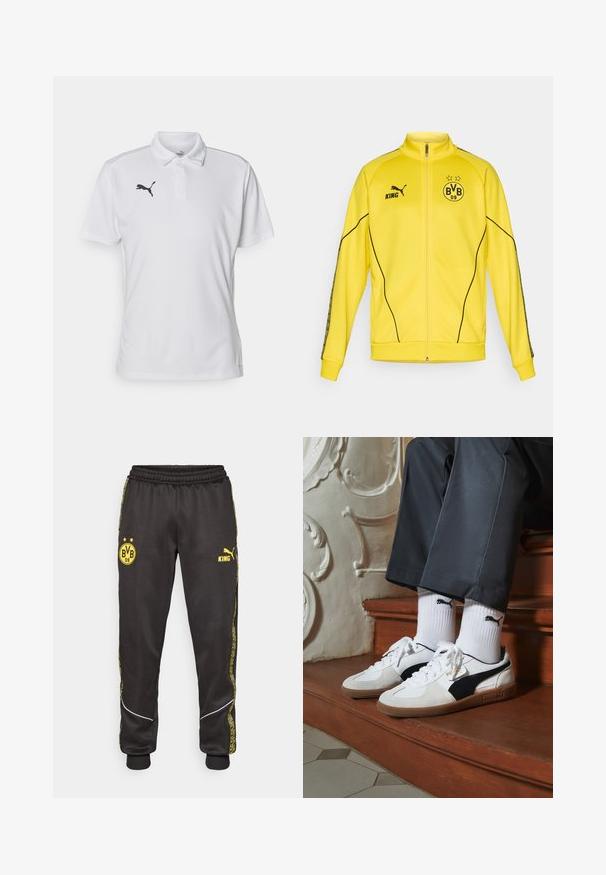 Sárga, teljes hosszúságú sportdzseki fekete Puma logóval, "KING" felirattal és a BVB 09 labdarúgó klub emblémájával, amelyen két csillag látható a mellkason.; Fehér pólóing, lélegző anyagból készült, fekete Puma logóval a bal mellen és klasszikus gallér kialakítással. Rövid ujjú.; Fekete sportnadrág sárga Borussia Dortmund BVB 09 és Puma King logókkal, elasztikus derékkal és mintás sárga oldalsó csíkokkal.; Fehér és fekete velúr Puma sportcipők, barna gumitalppal. Fehér zoknival párosítva, amely fekete logót visel, sötét nadrággal kombinálva.