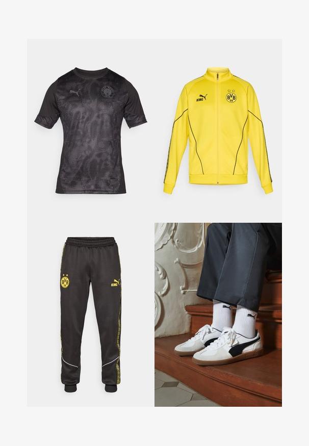 Gul full-zip sportjakke med svart Puma-logo, "KING" tekst og BVB 09 fotballklubbemblem med to stjerner på brystet.; Svart treningst-skjorte med teksturert, mønstrete design. Har korte ermer, rund halslinning og en logo på brystet.; Svarte treningsbukser med gule Borussia Dortmund BVB 09 og Puma King-logoer, elastisk liv, og mønstrede gule sidestriper.; Puma-sneakers i hvitt og svart semsket skinn, med en brun gummisåle. Kombinert med hvite sokker med en svart logo, båret med mørke bukser.