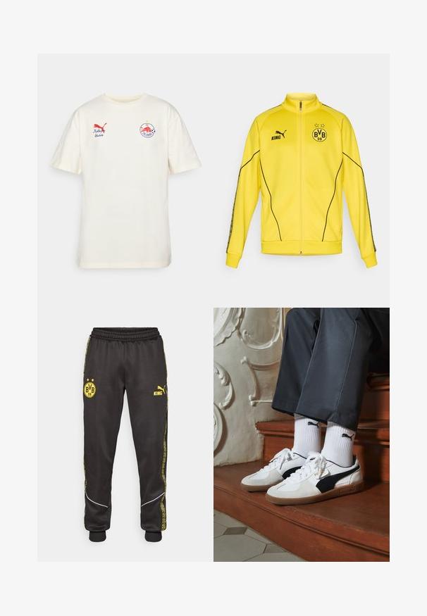 Gul fuld-zip sportsjakke med sort Puma-logo, "KING" tekst og BVB 09 fodboldklub emblem med to stjerner på brystet.; Cremefarvet bomulds t-shirt med korte ærmer. Har rødt Puma-logo og broderet FC Salzburg-crest på fronten. Rund halsudskæring.; Sorte træningsbukser med gule Borussia Dortmund BVB 09 og Puma King logoer, elastisk talje, og mønstrede gule side-striber.; Puma sneakers i hvid og sort ruskind med en brun gummisål. Bæres med hvide sokker med et sort logo og mørke bukser.