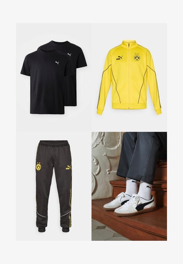 Sárga, teljes hosszúságú sportdzseki fekete Puma logóval, "KING" felirattal és a BVB 09 labdarúgó klub emblémájával, amelyen két csillag látható a mellkason.; Fekete pamut pólók két darabos csomagban. Kerek nyakkivágással, rövid ujjakkal és egy fehér Puma logóval a bal felső oldalon.; Fekete sportnadrág sárga Borussia Dortmund BVB 09 és Puma King logókkal, elasztikus derékkal és mintás sárga oldalsó csíkokkal.; Fehér és fekete velúr Puma sportcipők, barna gumitalppal. Fehér zoknival párosítva, amely fekete logót visel, sötét nadrággal kombinálva.