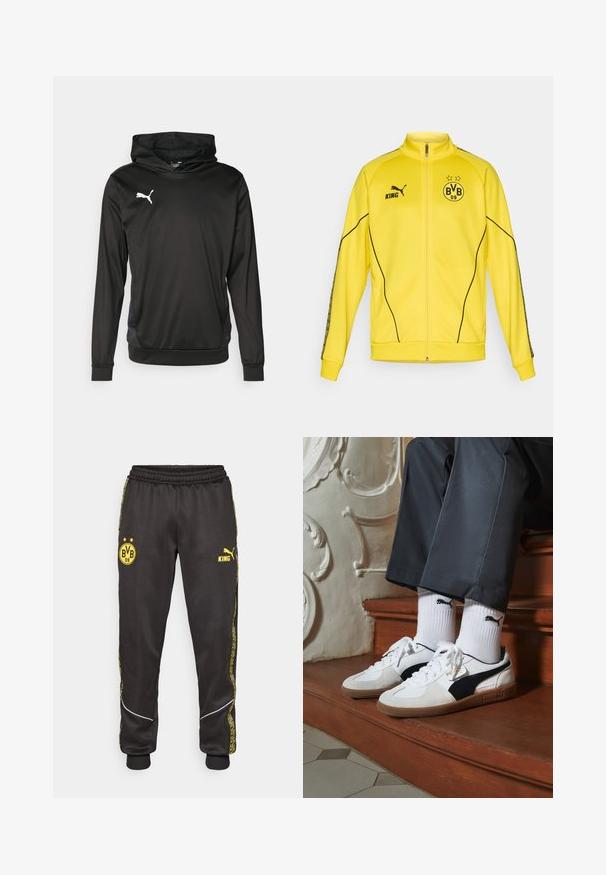 Gelbe Sportjacke mit vollem Reißverschluss, schwarzem Puma-Logo, dem Text "KING" und dem Wappen des Fußballvereins BVB 09 mit zwei Sternen auf der Brust.; Schwarzer Kapuzenpullover aus glattem Material, mit langen Ärmeln, einer Kängurutasche und einem weißen Logo auf der Brust.; Schwarze Sporthose mit gelben Borussia Dortmund BVB 09- und Puma King-Logos, elastischem Bund und gemusterten gelben Seiteneinsätzen.; Puma-Sneaker aus weißem und schwarzem Wildleder mit einer braunen Gummisohle. Kombiniert mit weißen Socken, die ein schwarzes Logo zeigen, getragen zu dunklen Hosen.