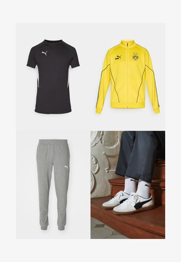 Żółta sportowa kurtka z pełnym zamkiem błyskawicznym z czarnym logo Pumy, napisem "KING" oraz emblematem klubu piłkarskiego BVB 09 z dwiema gwiazdami na piersi.; Czarna, krótko rękawowa koszulka sportowa z białymi akcentami po bokach i srebrnym logo. Wykonana z lekkiego, gładkiego materiału z okrągłym dekoltem.; Szare dresy wykonane z miękkiej tkaniny, z elastycznym pasem, zwężającymi się nogawkami i białym logo na lewym udzie.; Sneakers Puma w białym i czarnym zamszu, z brązową gumową podeszwą. W połączeniu z białymi skarpetkami z czarnym logo, noszone z ciemnymi spodniami.