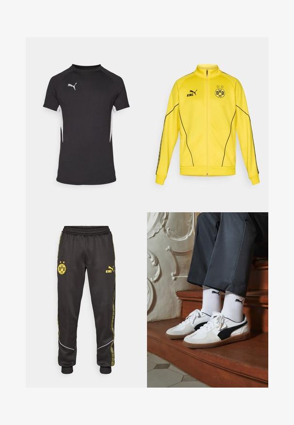 Gul full-zip sportjakke med svart Puma-logo, "KING" tekst og BVB 09 fotballklubbemblem med to stjerner på brystet.; Svart kortermet treningst skjorte med hvite sidelaske og et sølvfarget logo. Laget av lett og glatt stoff med rund hals-design.; Svarte treningsbukser med gule Borussia Dortmund BVB 09 og Puma King-logoer, elastisk liv, og mønstrede gule sidestriper.; Puma-sneakers i hvitt og svart semsket skinn, med en brun gummisåle. Kombinert med hvite sokker med en svart logo, båret med mørke bukser.