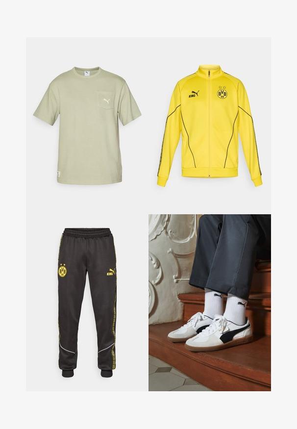 Gul fuld-zip sportsjakke med sort Puma-logo, "KING" tekst og BVB 09 fodboldklub emblem med to stjerner på brystet.; Lys grøn strukturert t-shirt med korte ærmer, rund halsudskæring, lomme foran og et lille broderet logo på brystet. Kan maskinvaskes.; Sorte træningsbukser med gule Borussia Dortmund BVB 09 og Puma King logoer, elastisk talje, og mønstrede gule side-striber.; Puma sneakers i hvid og sort ruskind med en brun gummisål. Bæres med hvide sokker med et sort logo og mørke bukser.
