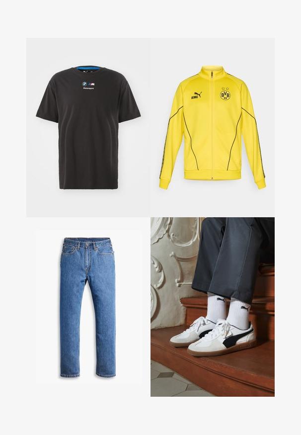 Rumena jakna s polnim zadrgo za šport, z črnim logotipom Puma, napisom "KING" in emblemom nogometnega kluba BVB 09 z dvema zvezdama na prsih.; Črna bombažna majica s kratkimi rokavi, ki ima okroglo ovratnico in potiskan BMW Motorsport logotip na sprednji strani.; Modri traper hlače s ravnim krojem, ki imajo pet žepov, zapiranje na gumb in oranžne šive na čisti beli podlagi.; Puma superge v beli in črni usnjeni izvedbi, sročene s rjavim gumijastim podplatom. Usklajene z belimi nogavicami z črnim logotipom, nosijo se s temnimi hlačami.