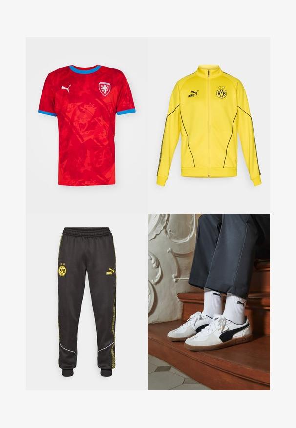 Veste de sport jaune à fermeture éclair complète avec logo noir de Puma, texte "KING" et emblème du club de football BVB 09 avec deux étoiles sur la poitrine.; Maillot de football rouge avec des accents bleus, présentant un motif graphique texturé et un blason avec un emblème de lion. Fabriqué en tissu léger.; Pantalons de sport noirs avec logos jaunes de Borussia Dortmund BVB 09 et Puma King, taille élastique et rayures latérales à motif jaune.; Baskets Puma en daim blanc et noir, avec une semelle en caoutchouc marron. Associées à des chaussettes blanches arborant un logo noir, portées avec un pantalon sombre.