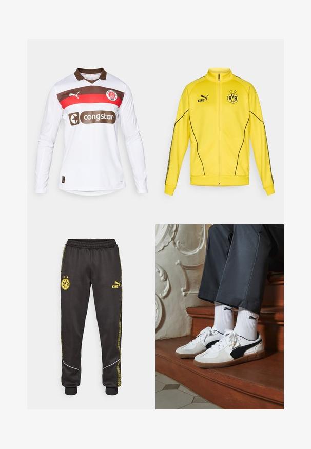 Gelbe Sportjacke mit vollem Reißverschluss, schwarzem Puma-Logo, dem Text "KING" und dem Wappen des Fußballvereins BVB 09 mit zwei Sternen auf der Brust.; Weißes Langarm-Fußballtrikot mit braunem Kragen, das rote und braune horizontale Streifen, ein Puma-Logo und ein "congstar" Sponsorlogo zeigt.; Schwarze Sporthose mit gelben Borussia Dortmund BVB 09- und Puma King-Logos, elastischem Bund und gemusterten gelben Seiteneinsätzen.; Puma-Sneaker aus weißem und schwarzem Wildleder mit einer braunen Gummisohle. Kombiniert mit weißen Socken, die ein schwarzes Logo zeigen, getragen zu dunklen Hosen.